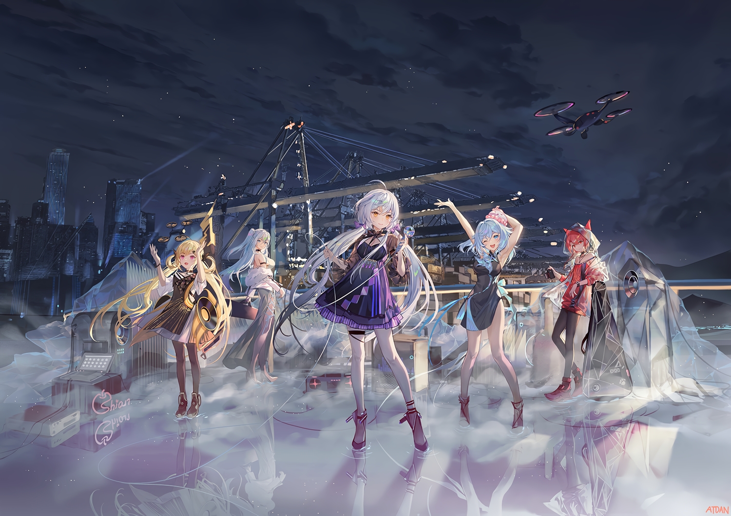 animal_ears, atdan, blonde_hair, building, cangqiong, chiyu_(synthv), city, dress