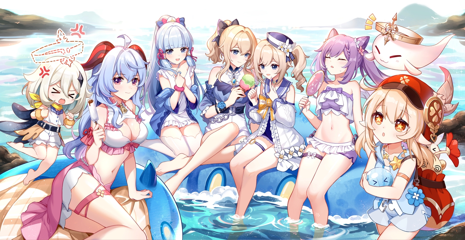 barbara_pegg, bikini, blonde_hair, blue_eyes, blue_hair, blush, brown_hair, fan