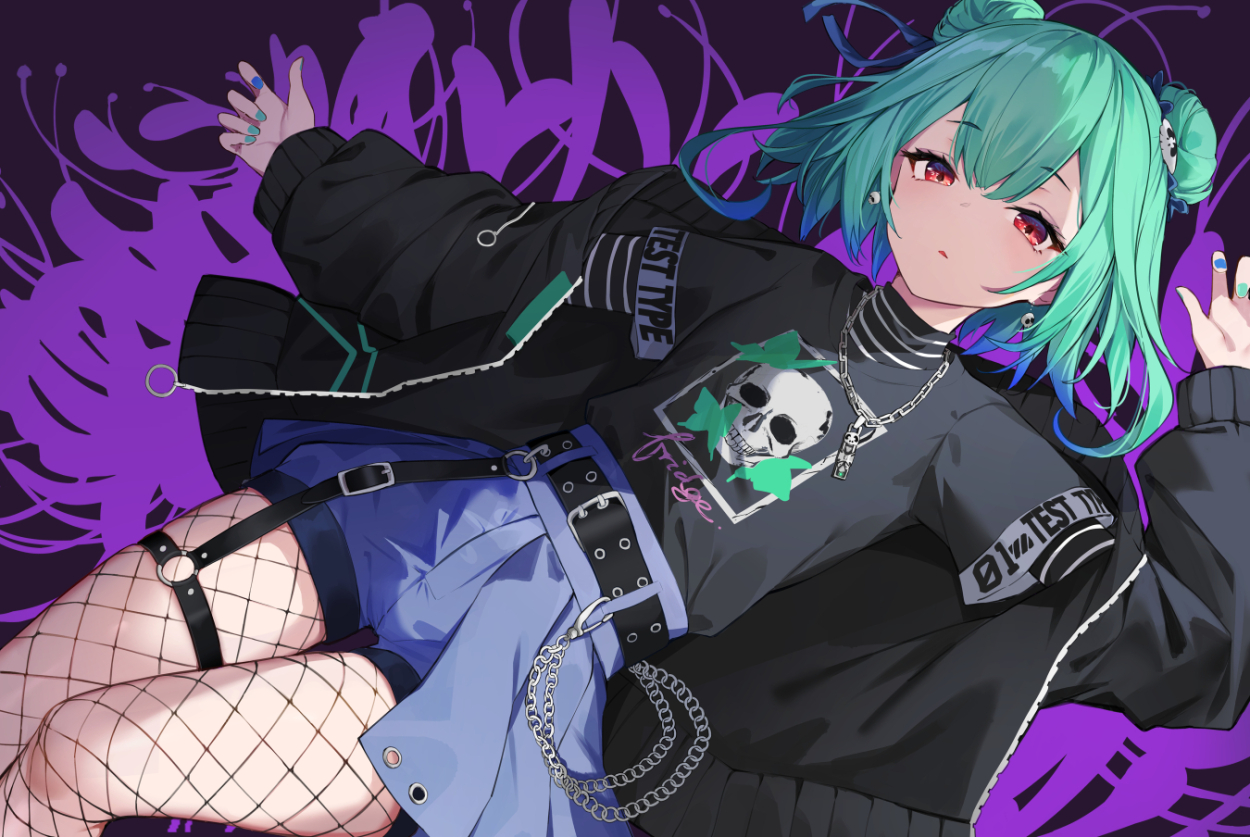 green_hair, hololive, isaya_(pixiv4541633), necklace, red_eyes, shorts, uruha_rushia