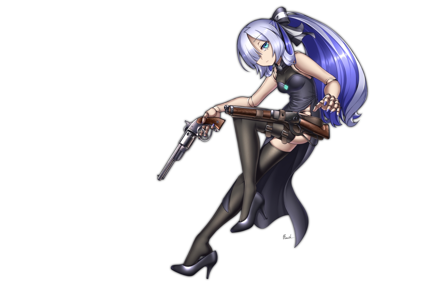 aqua_eyes, blue_hair, bow, doll, dress, garter, gun, long_hair