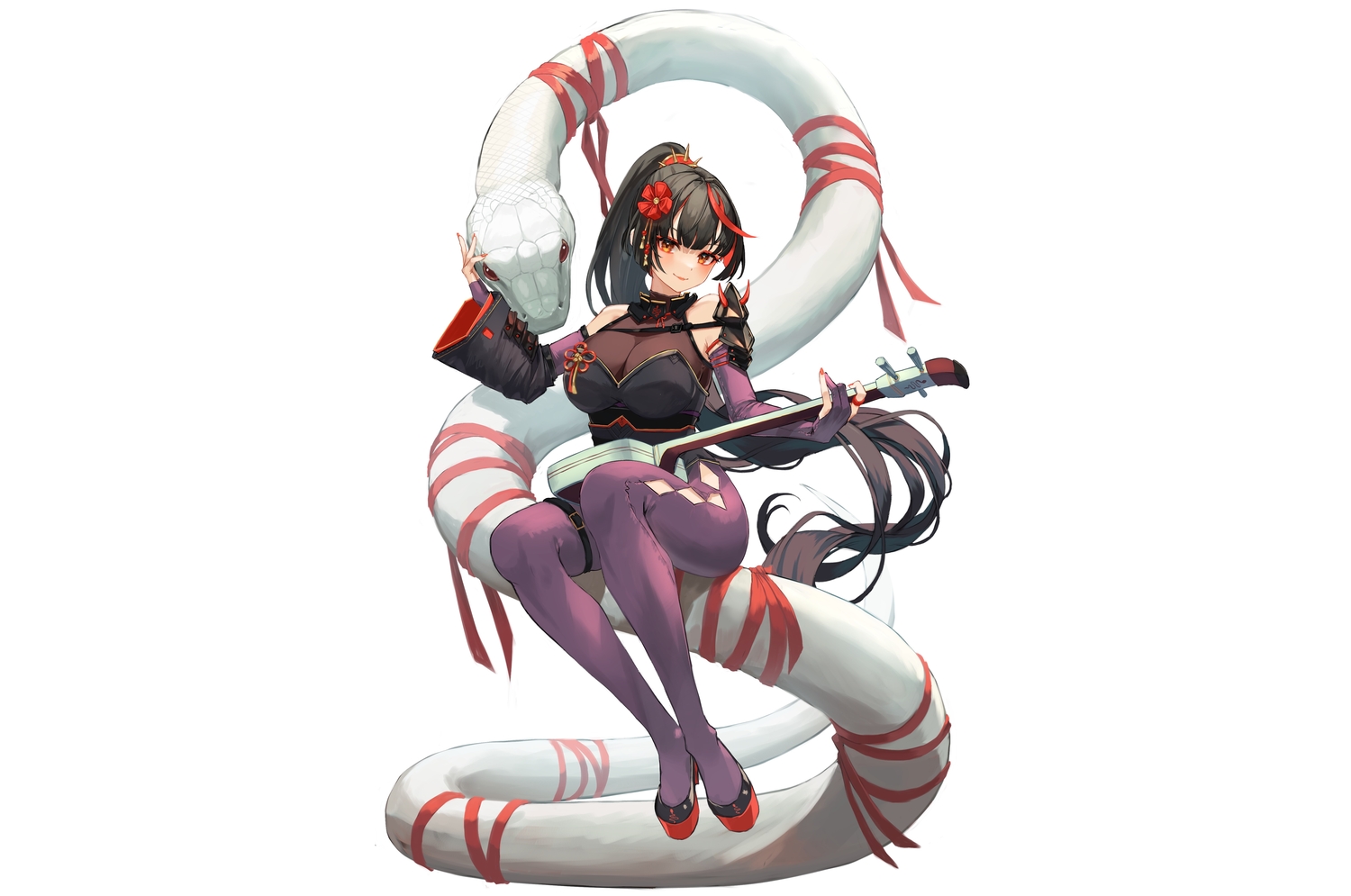 animal, armor, black_hair, breasts, cleavage, elbow_gloves, garter, gloves