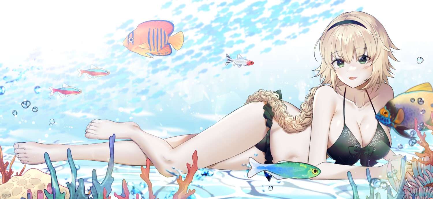 animal, barefoot, bikini, blonde_hair, braids, fate/grand_order, fate_(series), fish