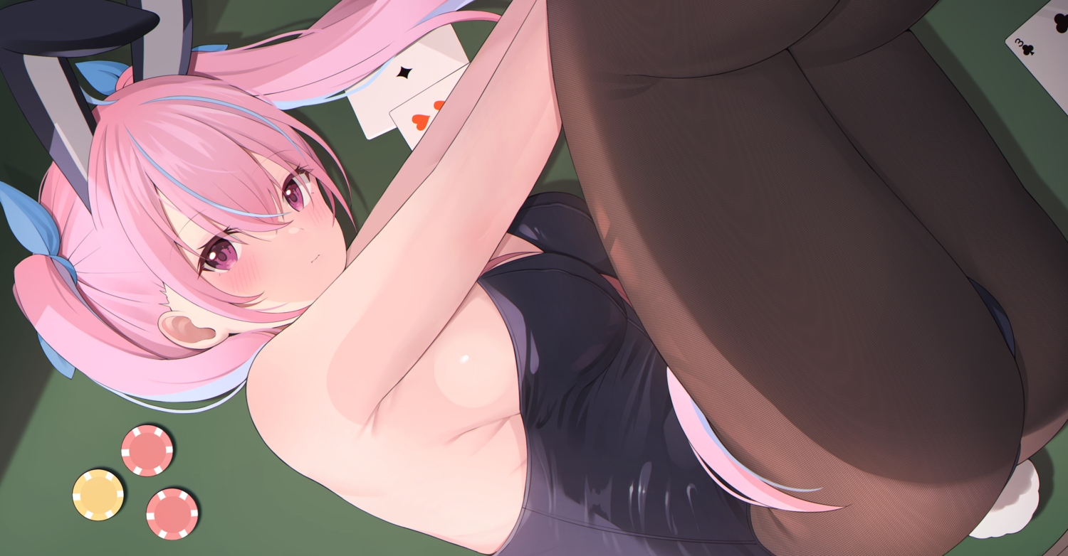 animal_ears, ass, blush, bunny_ears, bunnygirl, hololive, leotard, long_hair, minato_aqua, no_bra, pink_eyes, pink_hair, starfox1015, tail, twintails