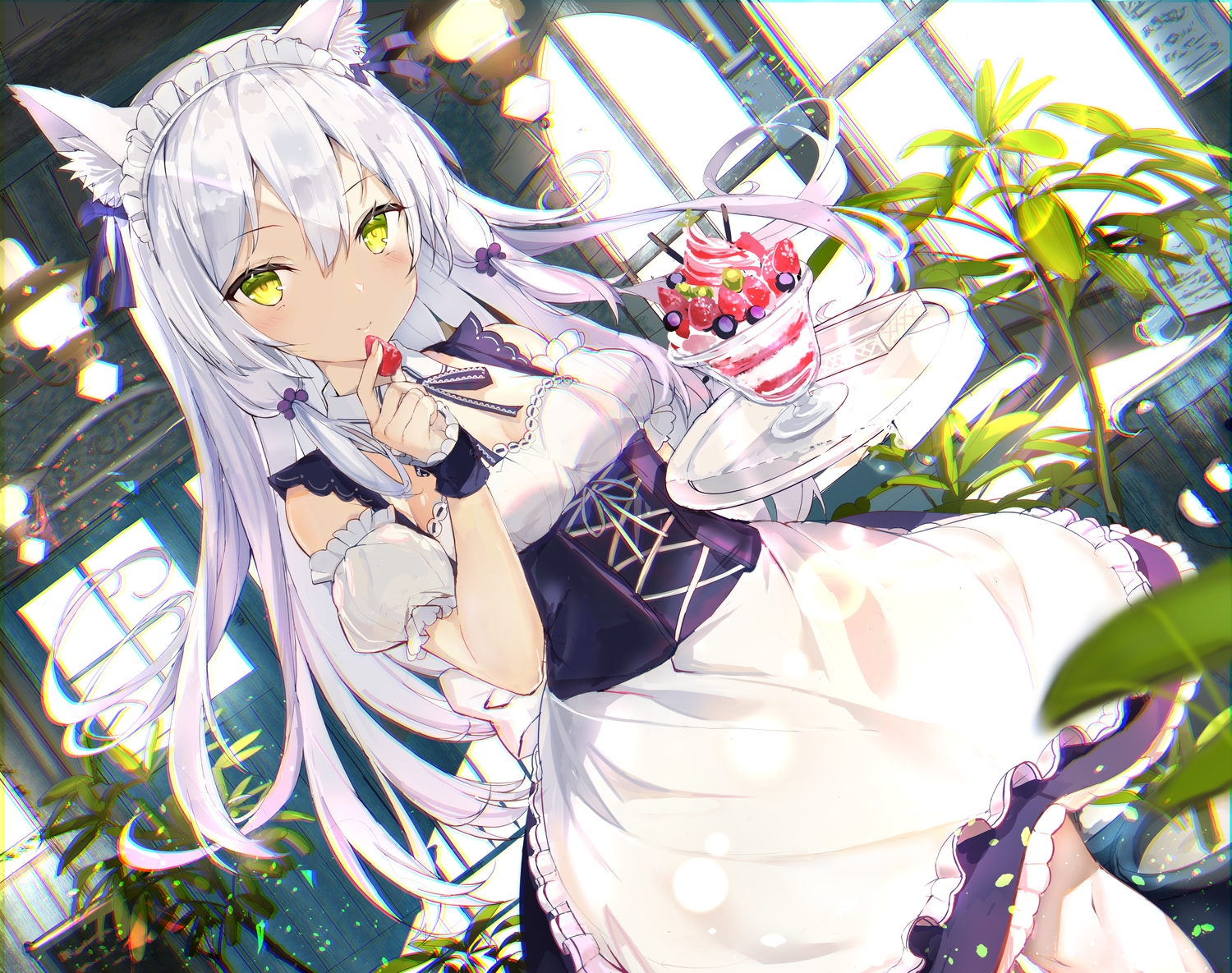 animal_ears, catgirl, food, fruit, gray_hair, headband, ice_cream, long_hair