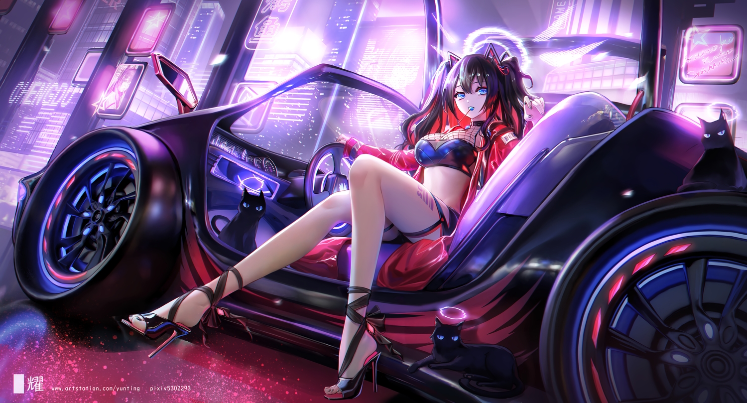 aliasing, animal, animal_ears, aqua_eyes, black_hair, blush, breasts, building