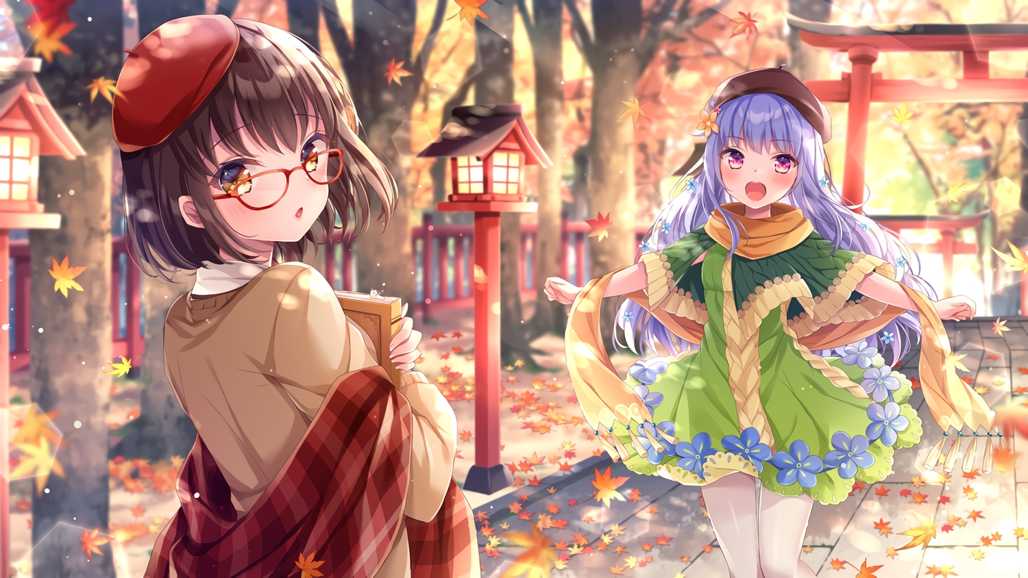 2girls, autumn, blue_hair, blush, book, brown_hair, dress, forest, glasses, hat, leaves, mahjong_soul, nemuri_nemu, ninomiya_hana, purple_eyes, scarf, short_hair, takanashi_hinata, torii, tree, waifu2x, yellow_eyes