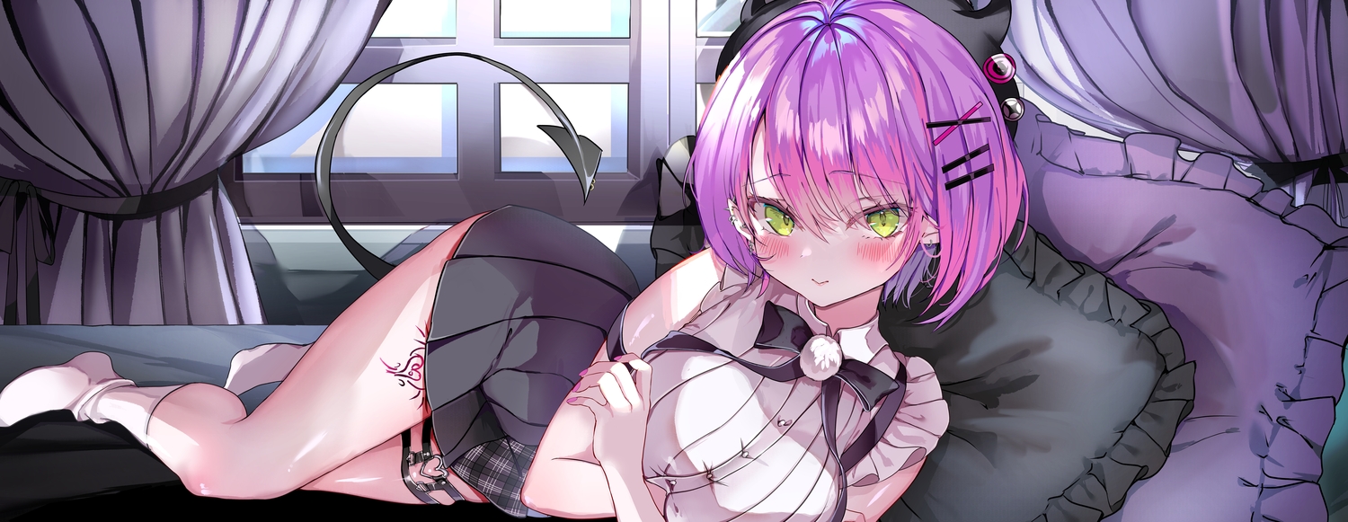 aliasing, bed, blush, demon, green_eyes, hat, hololive, kako_(bunny-garl), purple_hair, short_hair, skirt, socks, tail, tattoo, tokoyami_towa
