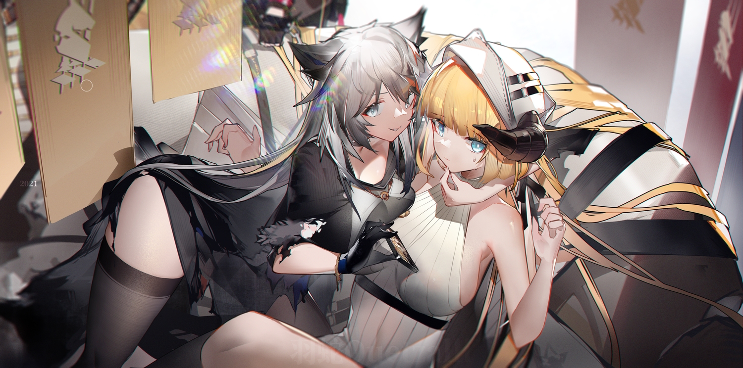 2girls, animal_ears, arknights, blonde_hair, gray_eyes, gray_hair, horns, hug
