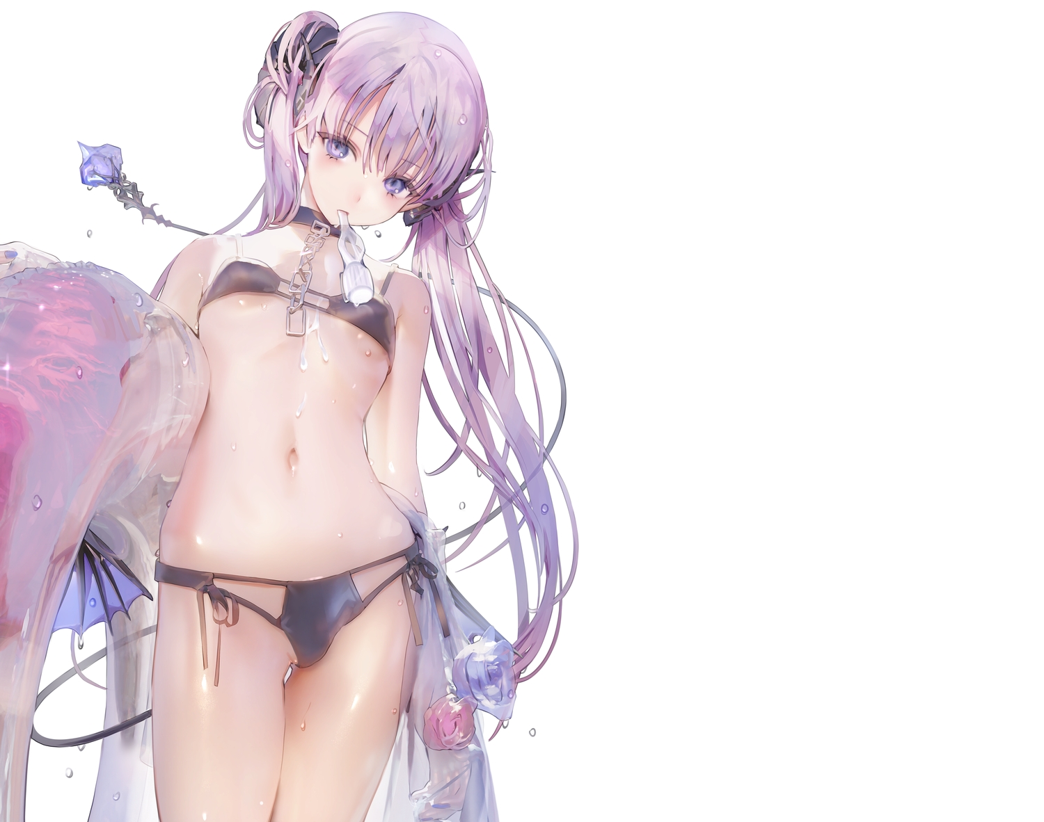 bikini, chain, collar, demon, flat_chest, long_hair, navel, opopowa, original, polychromatic, purple_eyes, purple_hair, swim_ring, swimsuit, tail, twintails, wet, white, wings
