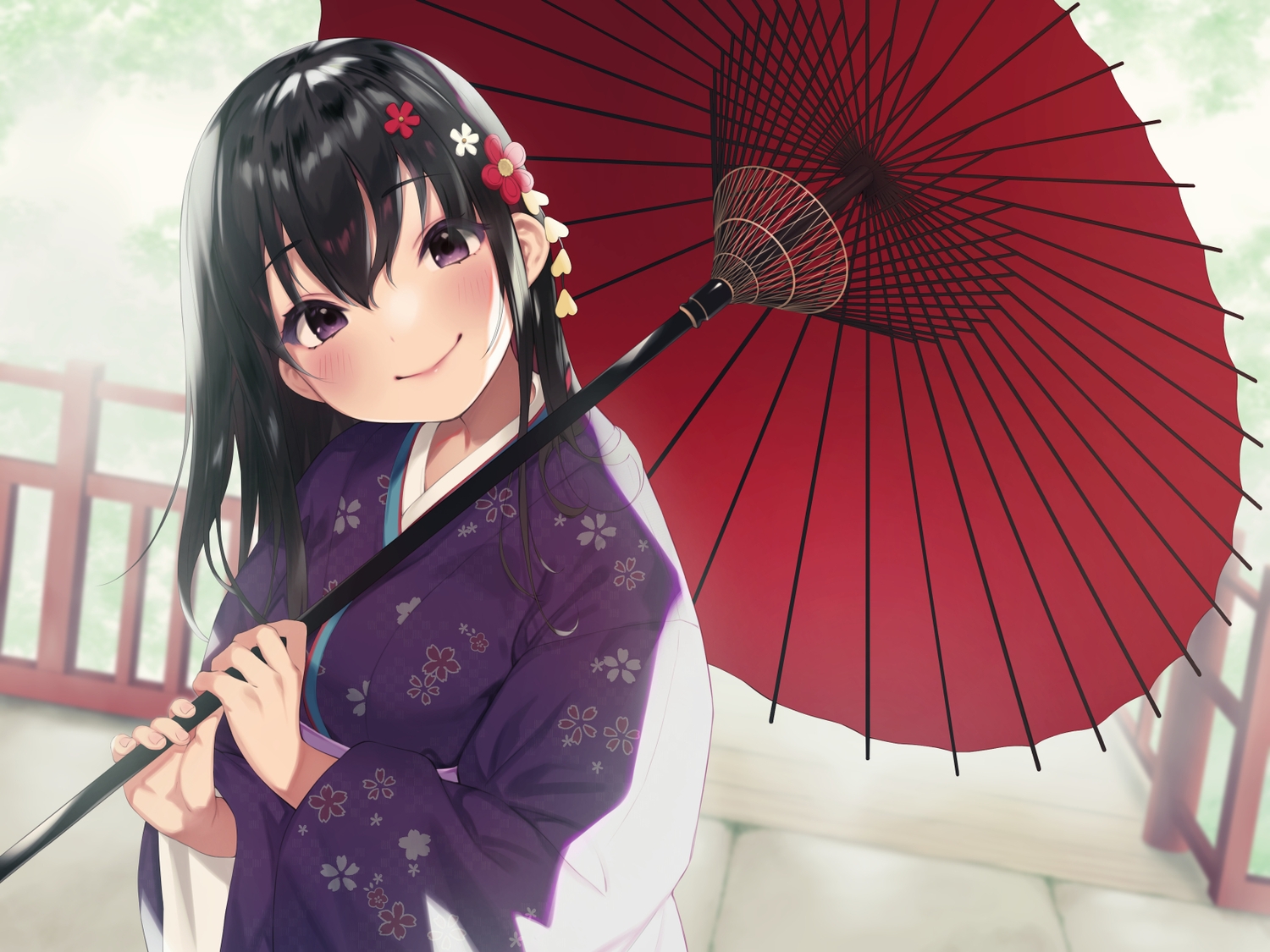 black_hair, blush, close, japanese_clothes, kimono, original, pokachu, purple_eyes