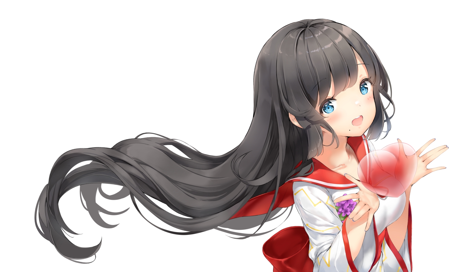 black_hair, blue_eyes, blush, heart, japanese_clothes, keibeam, kimono, long_hair