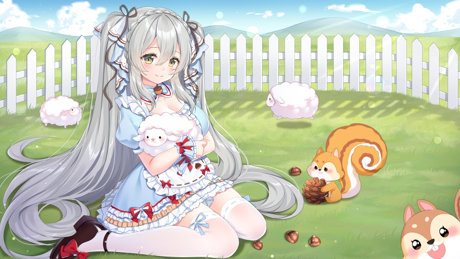 animal, apron, blush, breasts, cleavage, clouds, fang, gray_hair