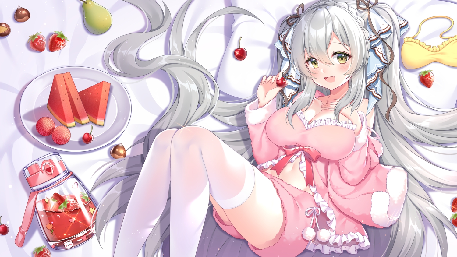 blush, bow, breast_hold, breasts, cherry, cleavage, fang, food