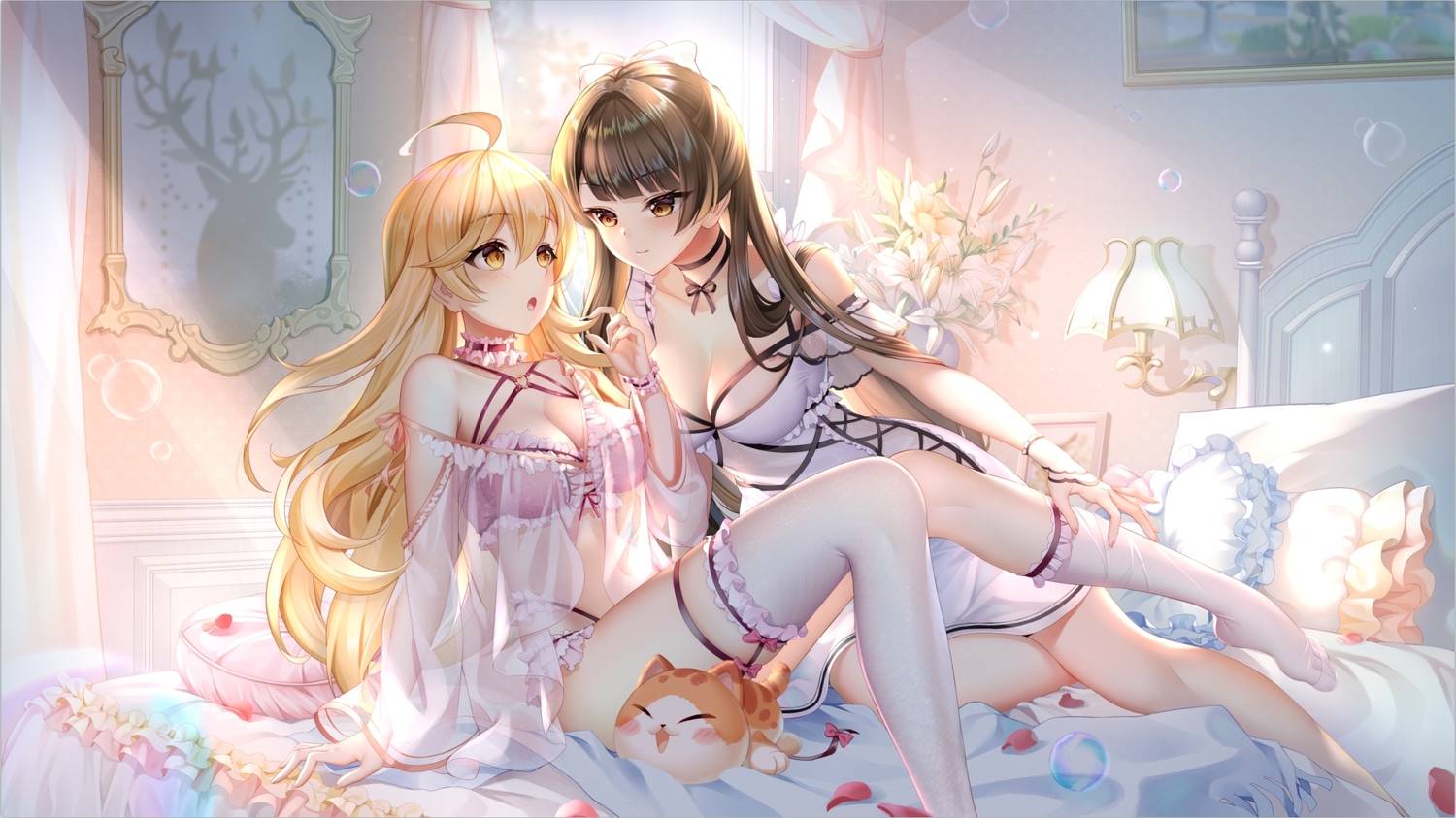 bed, blonde_hair, blush, bow, breasts, brown_eyes, brown_hair, bubbles