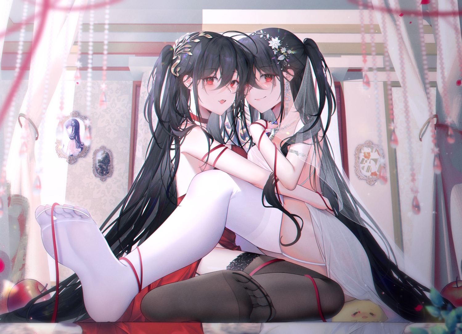 2girls, animal, anthropomorphism, azur_lane, bird, dress, garter_belt, long_hair, manjuu_(azur_lane), moonlgnance, stockings, taihou_(azur_lane), wedding_attire