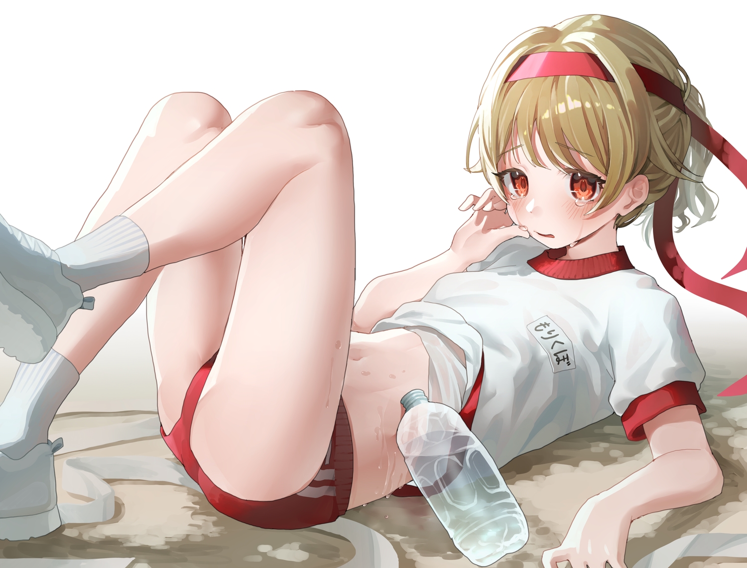 bloomers, blush, brown_hair, cameltoe, drink, flat_chest, gym_uniform, headband