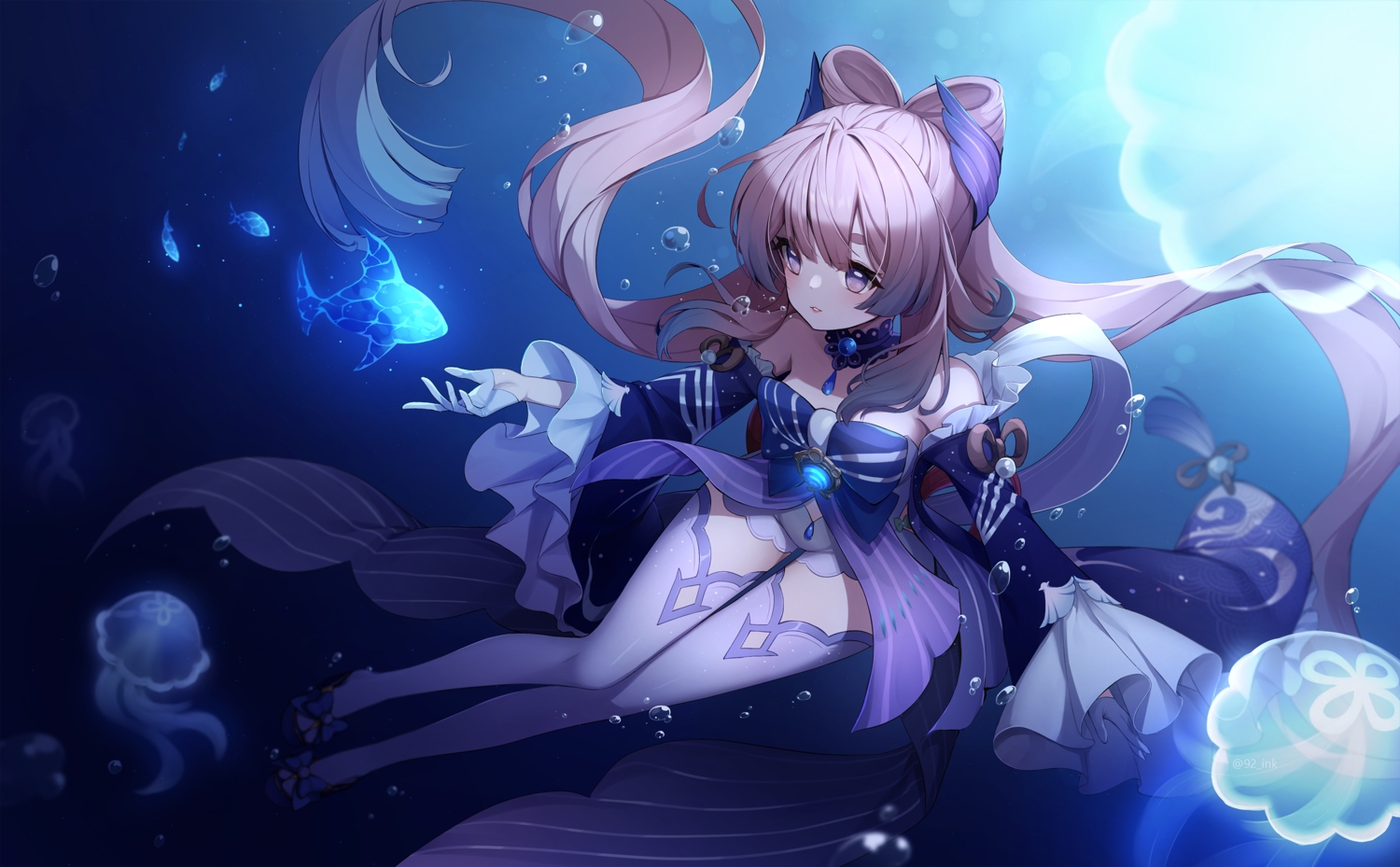 animal, ankkoyom, fish, genshin_impact, gloves, gradient, long_hair, magic