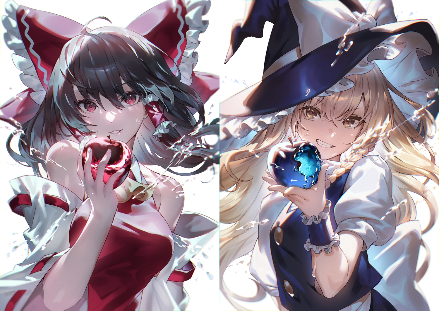 2girls, apple, blonde_hair, bow, braids, brown_eyes, brown_hair, close