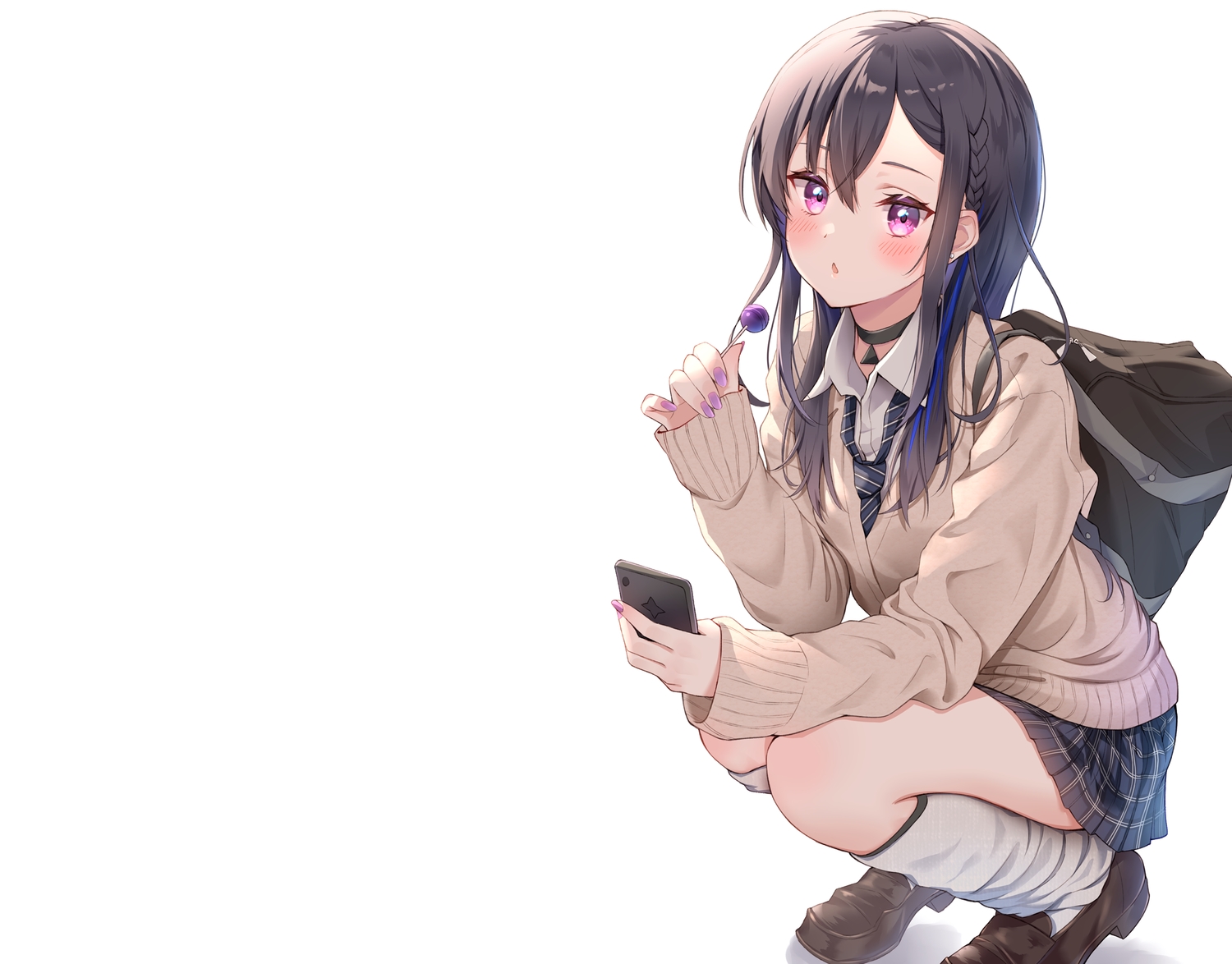 black_hair, blush, braids, candy, choker, ichinose_uruha, kneehighs, lollipop