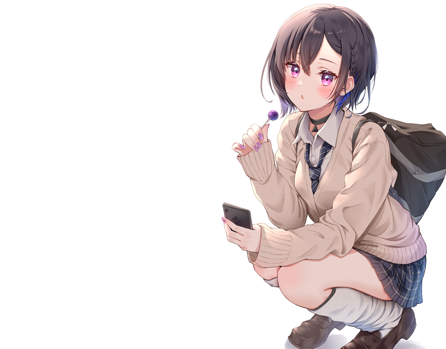 black_hair, blush, braids, candy, choker, ichinose_uruha, kneehighs, lollipop, lupinus_virtual_games, phone, purple_eyes, school_uniform, short_hair, skirt, socks, tie, toki_(toki_ship8), white