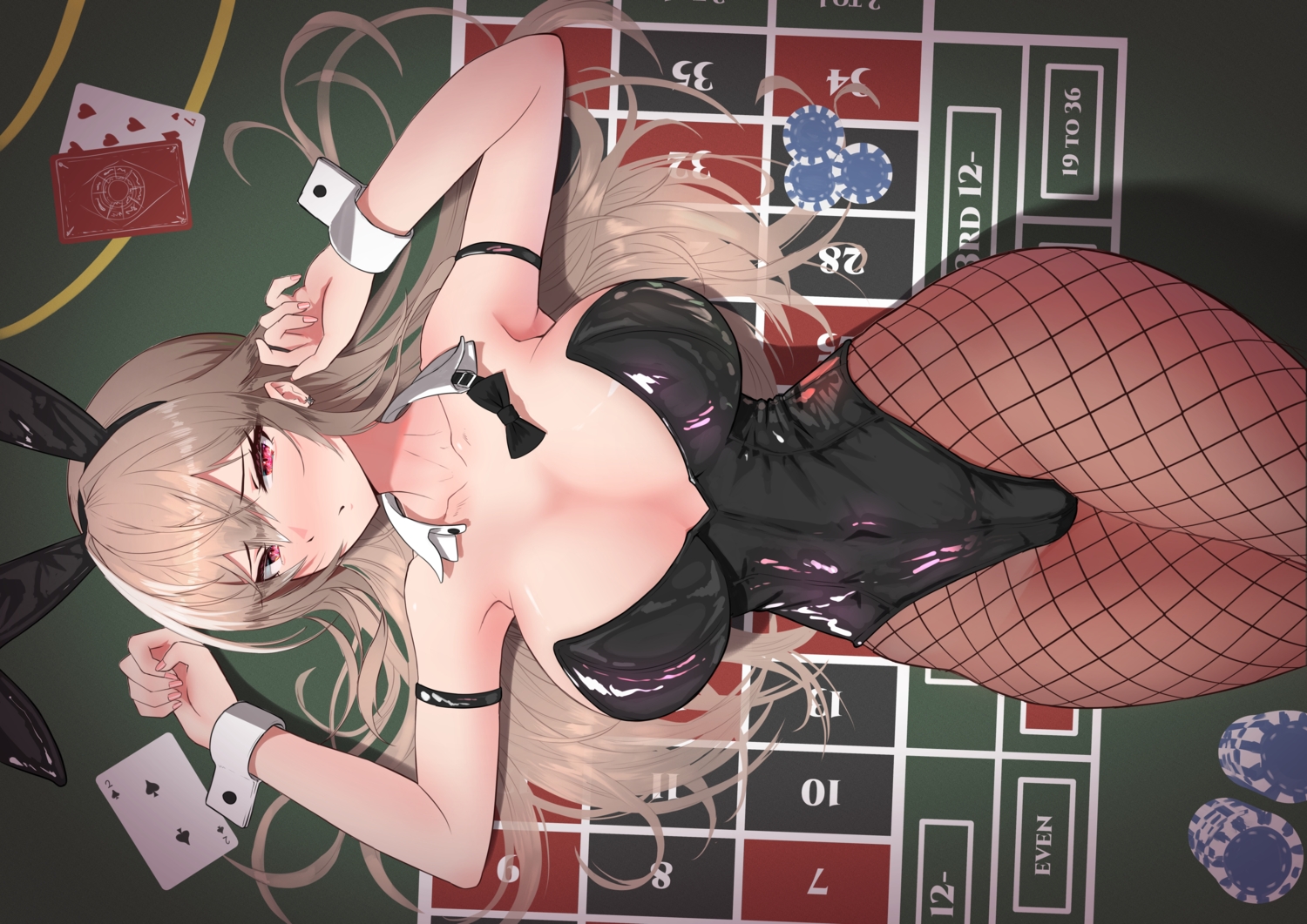 animal_ears, brown_hair, bunny_ears, bunnygirl, furen_e_lustario, headband, leotard, long_hair, nijisanji, red_eyes, stockings, velceed