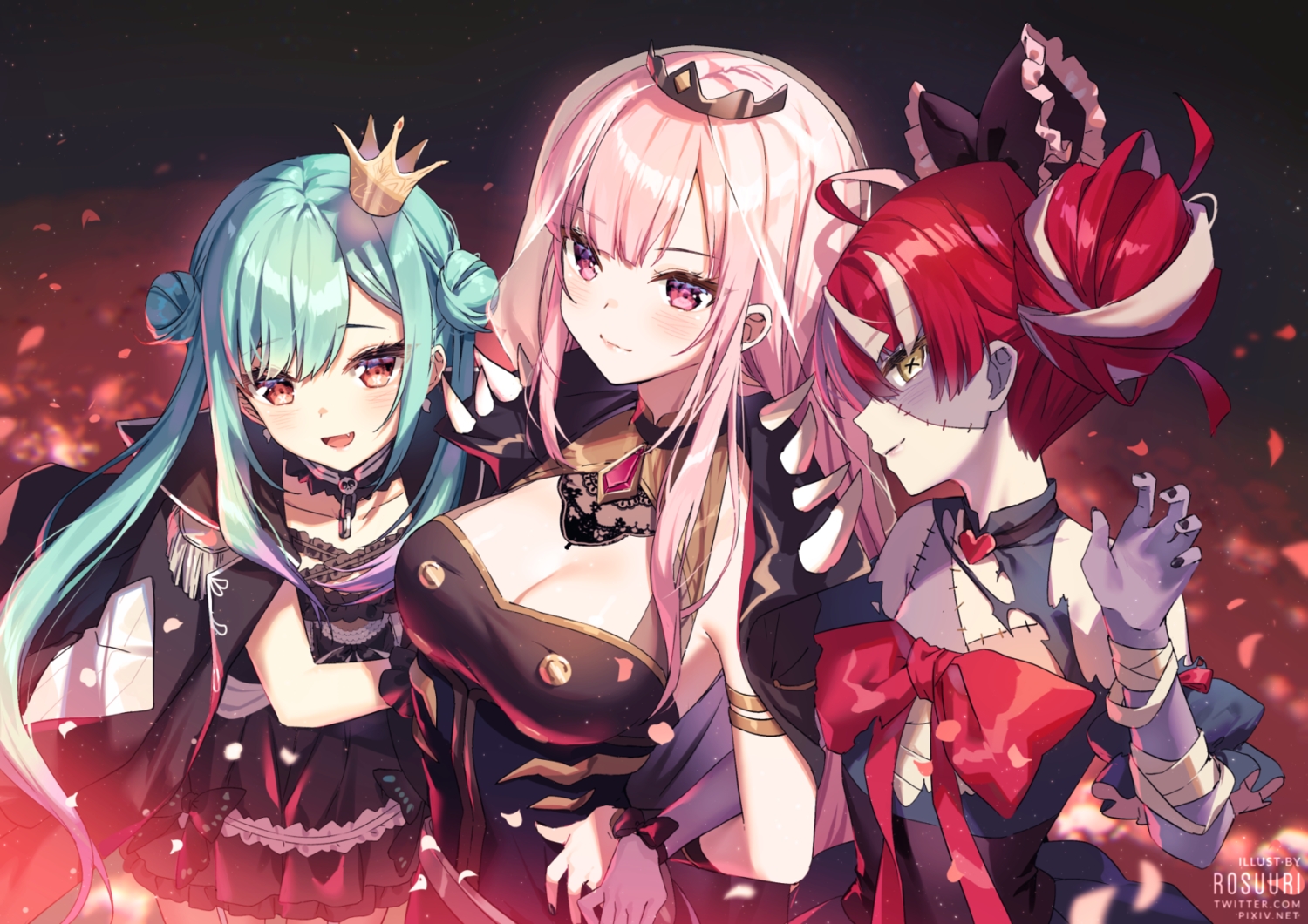 aqua_hair, bandage, blush, breasts, cape, choker, cleavage, crown, fang, flat_chest, headdress, hololive, kureiji_ollie, long_hair, mori_calliope, pink_eyes, pink_hair, red_eyes, red_hair, rosuuri, scar, tiara, uruha_rushia, watermark, wristwear, yellow_eyes