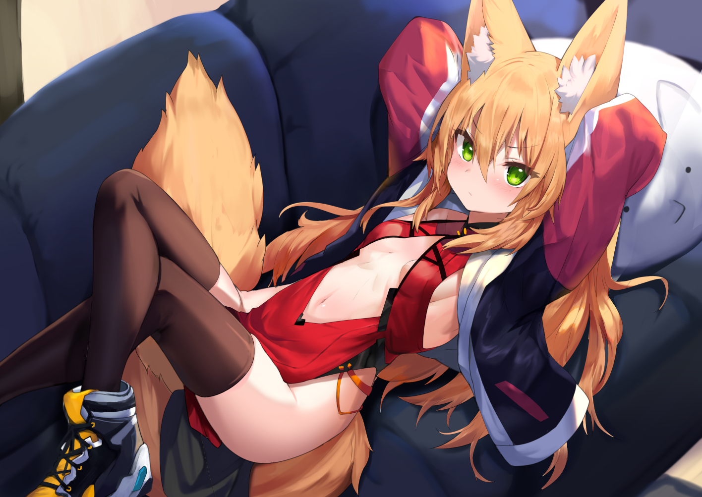 animal_ears, blonde_hair, blush, breasts, foxgirl, green_eyes, haik, kokonoe_tsubaki