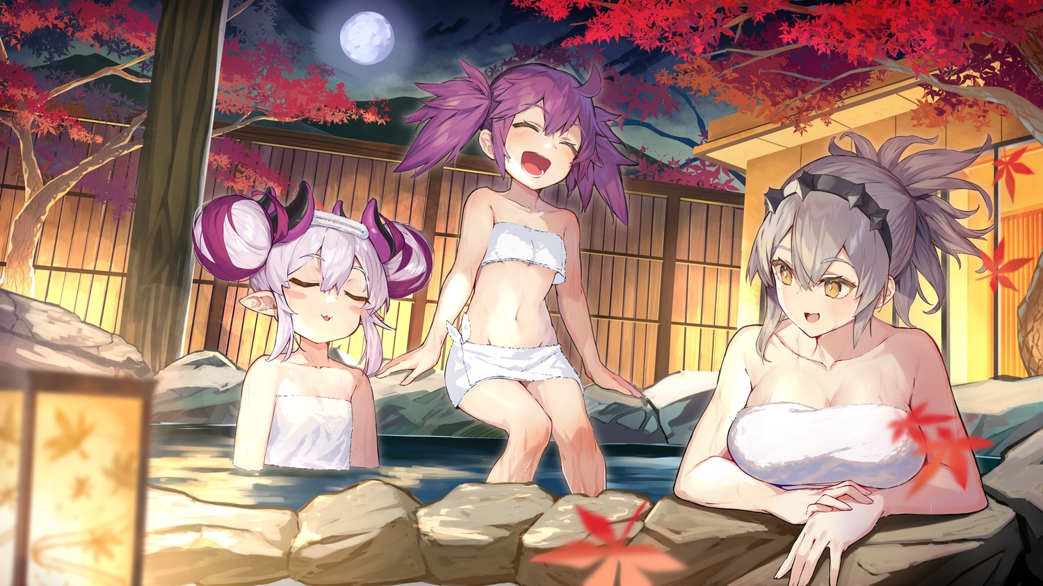 autumn, blush, breast_hold, breasts, cat_smile, cleavage, clouds, gray_hair, horns, kikkaiki, leaves, loli, moon, night, onsen, pointed_ears, purple_hair, sky, towel, tree, twintails, wet, yellow_eyes