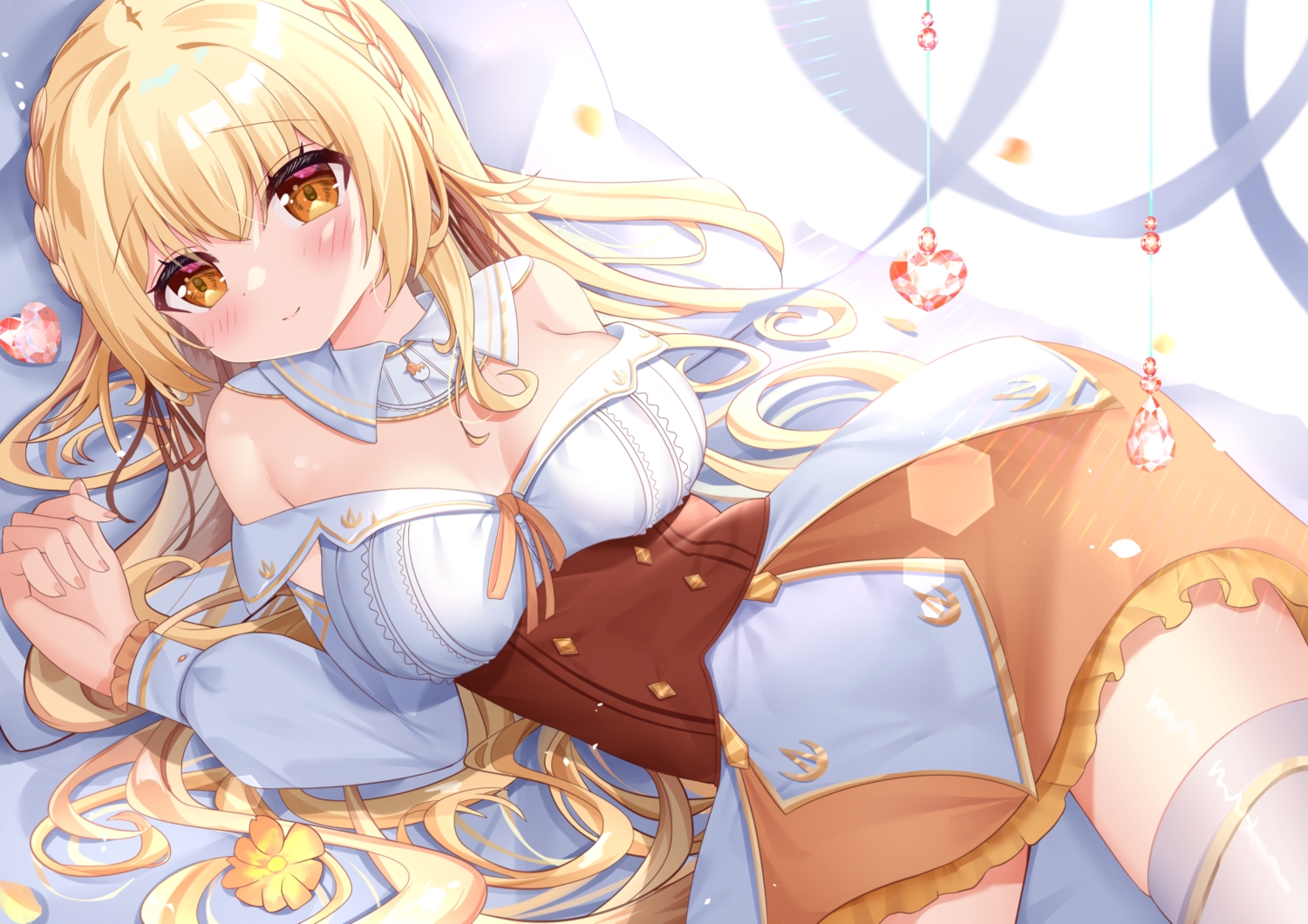bed, blonde_hair, blush, braids, breasts, corset, dress, flowers