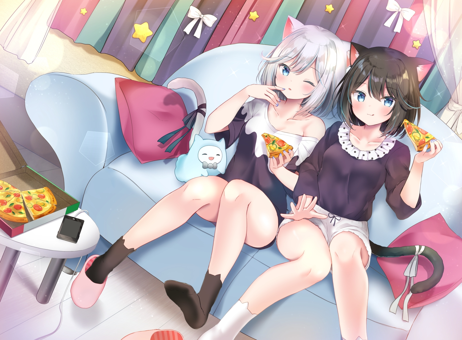 2girls, aliasing, animal_ears, aqua_eyes, black_hair, catgirl, couch, food, gray_hair, masayo_(gin_no_ame), original, phone, pizza, short_hair, shorts, socks, tail, wink