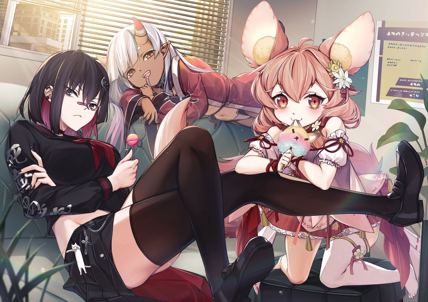 akucat_project, animal_ears, black_hair, breast_hold, brown_eyes, brown_hair, candy, couch, dark_skin, foxgirl, horns, japanese_clothes, jh, loli, lollipop, long_hair, multiple_tails, pointed_ears, school_uniform, skirt, tagme_(character), tail, thighhighs, underwear, white_hair