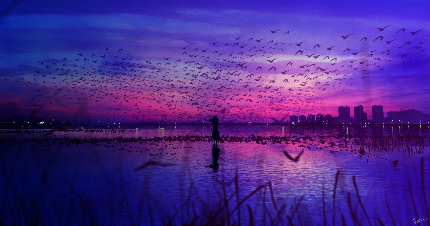 animal, bird, building, city, clouds, grass, instrument, long_hair
