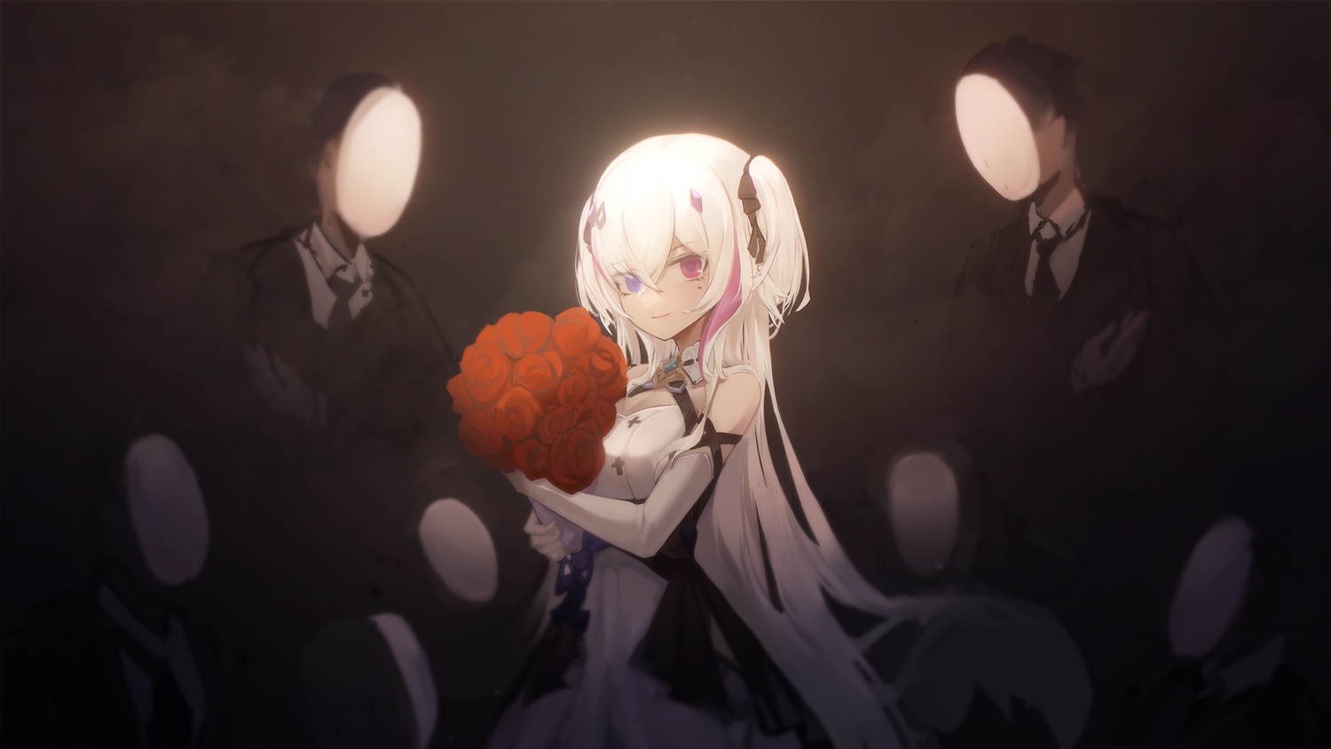 another_project, bicolored_eyes, dress, elbow_gloves, flowers, gloves, hecatia_astarte, long_hair, white_hair, xigao_gao