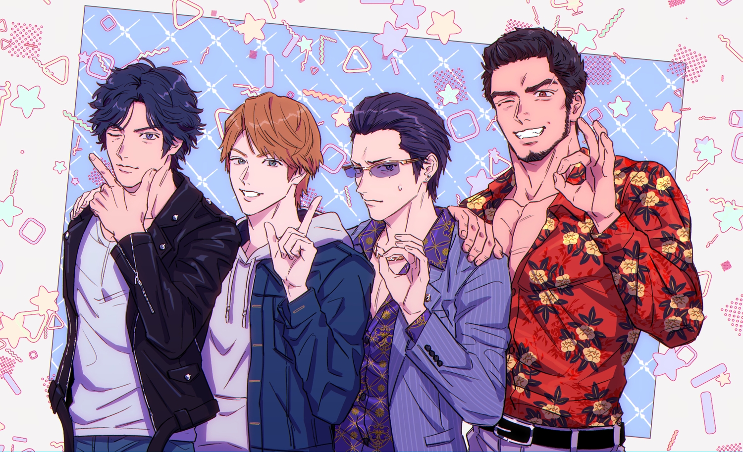 all_male, black_hair, blue_eyes, blue_hair, brown_eyes, brown_hair, glasses, group, higashi_tooru, judge_eyes, kaito_masaharu, male, necklace, shirt, short_hair, stars, sugiura_fumiya, wink, yagami_takayuki, yakumo_(ykm)