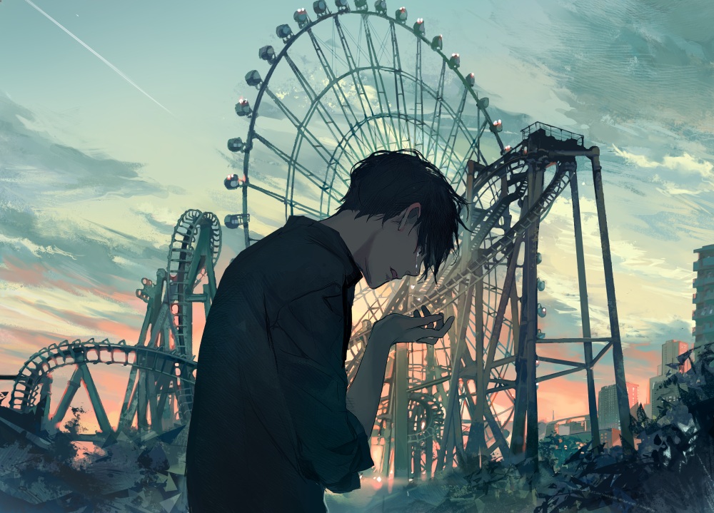 aliasing, all_male, black_hair, building, clouds, crying, jiwataneho, male, original, park, short_hair, sky, sunset, tears