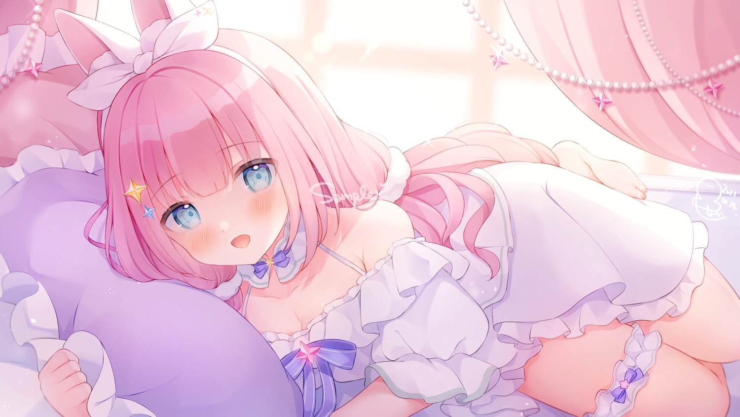 animal_ears, ayase_ririko, bed, blush, bunny_ears, bunnygirl, dress, garter