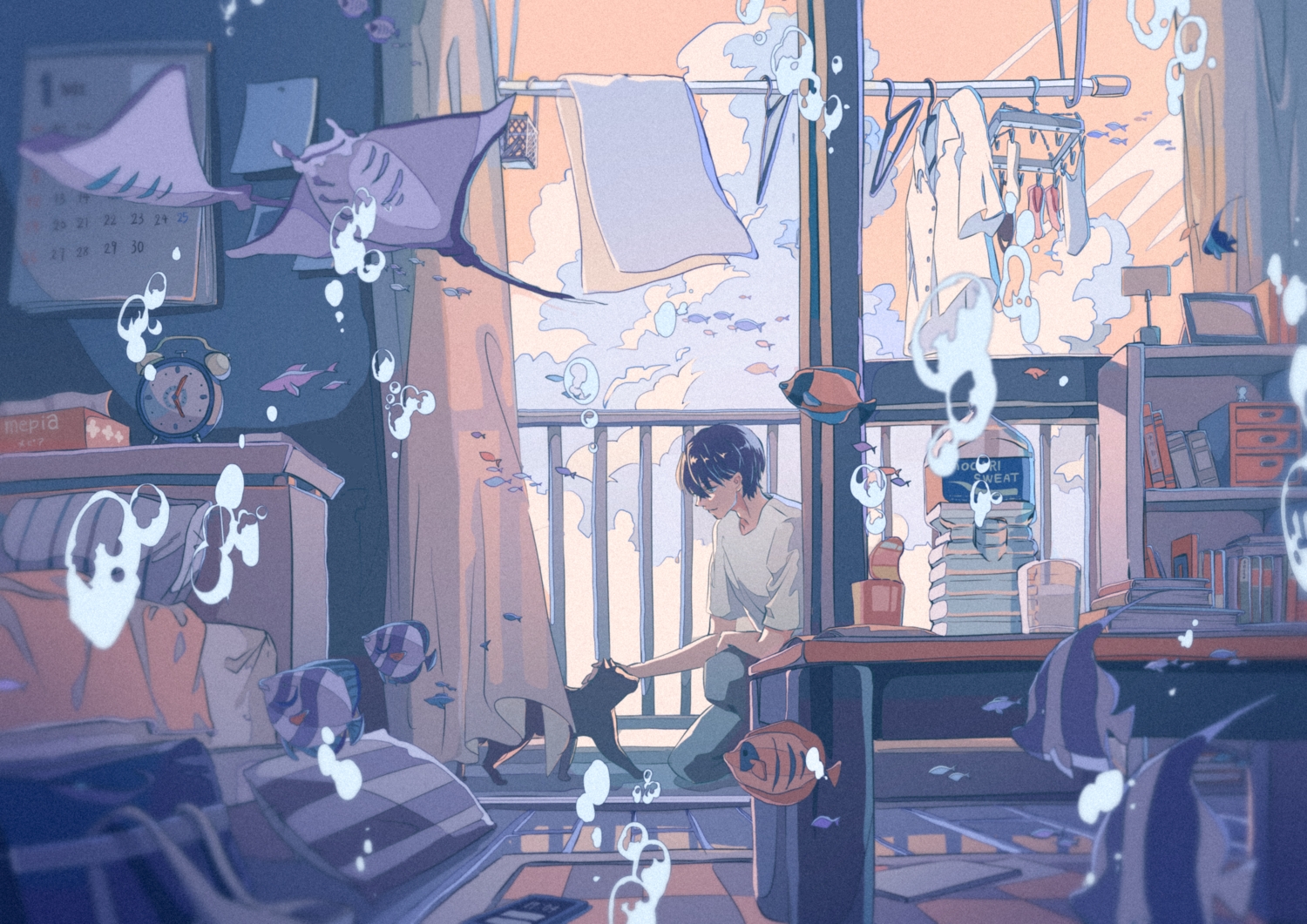 animal, bed, book, bubbles, cat, drink, fish, food, ichigoame, original, paper, polychromatic, short_hair