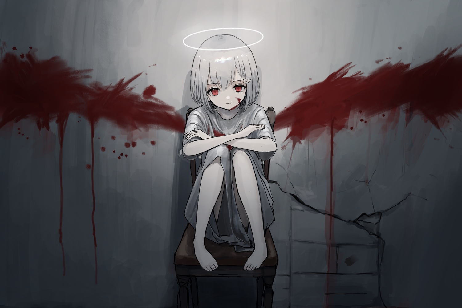 aliasing, barefoot, blood, halo, original, polychromatic, red_eyes, sakiika0513, short_hair, white_hair