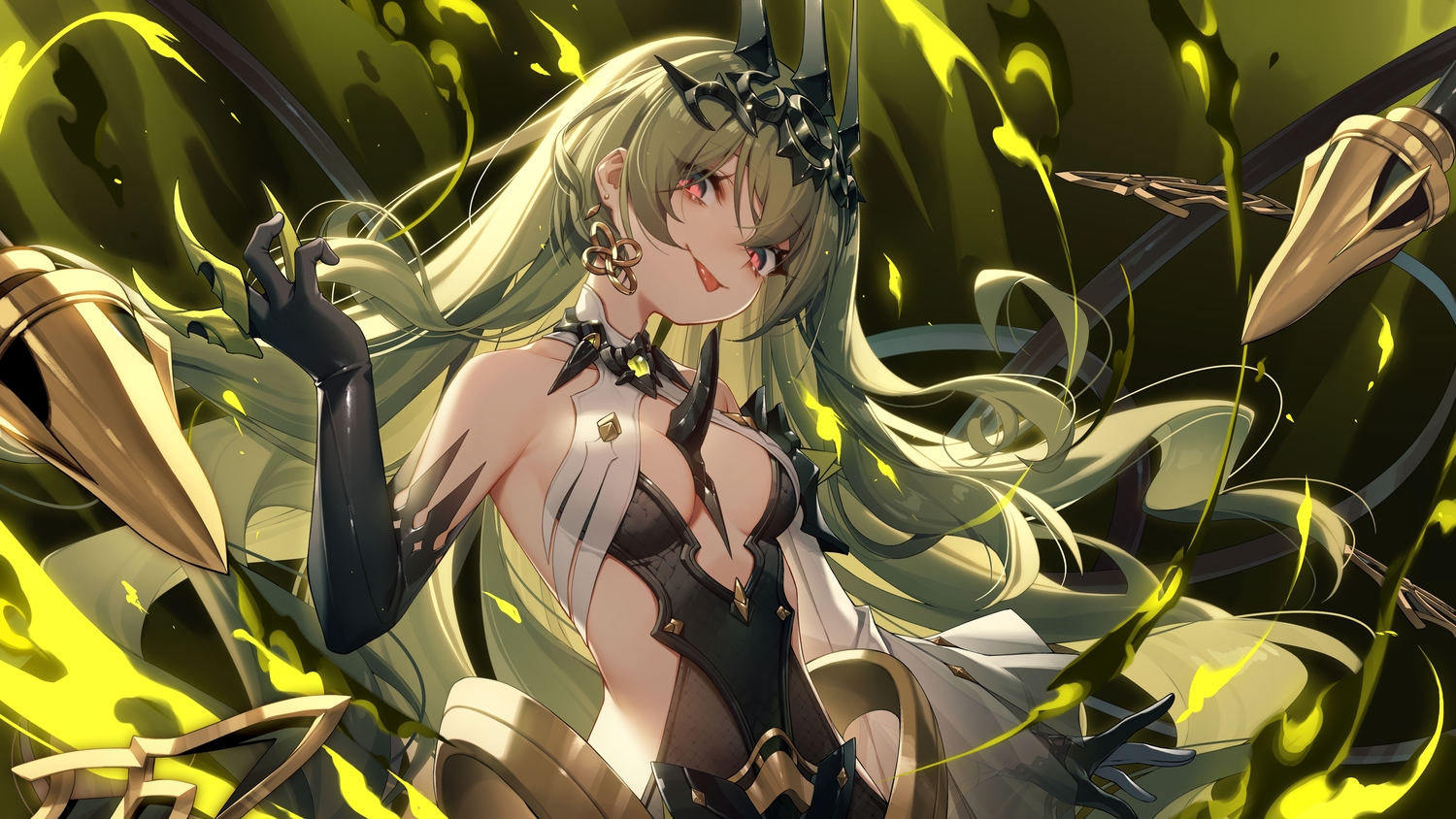 909089089, elbow_gloves, gloves, green_hair, honkai_impact, honkai_(series), long_hair, mobius_(honkai_impact), no_bra, red_eyes, tiara