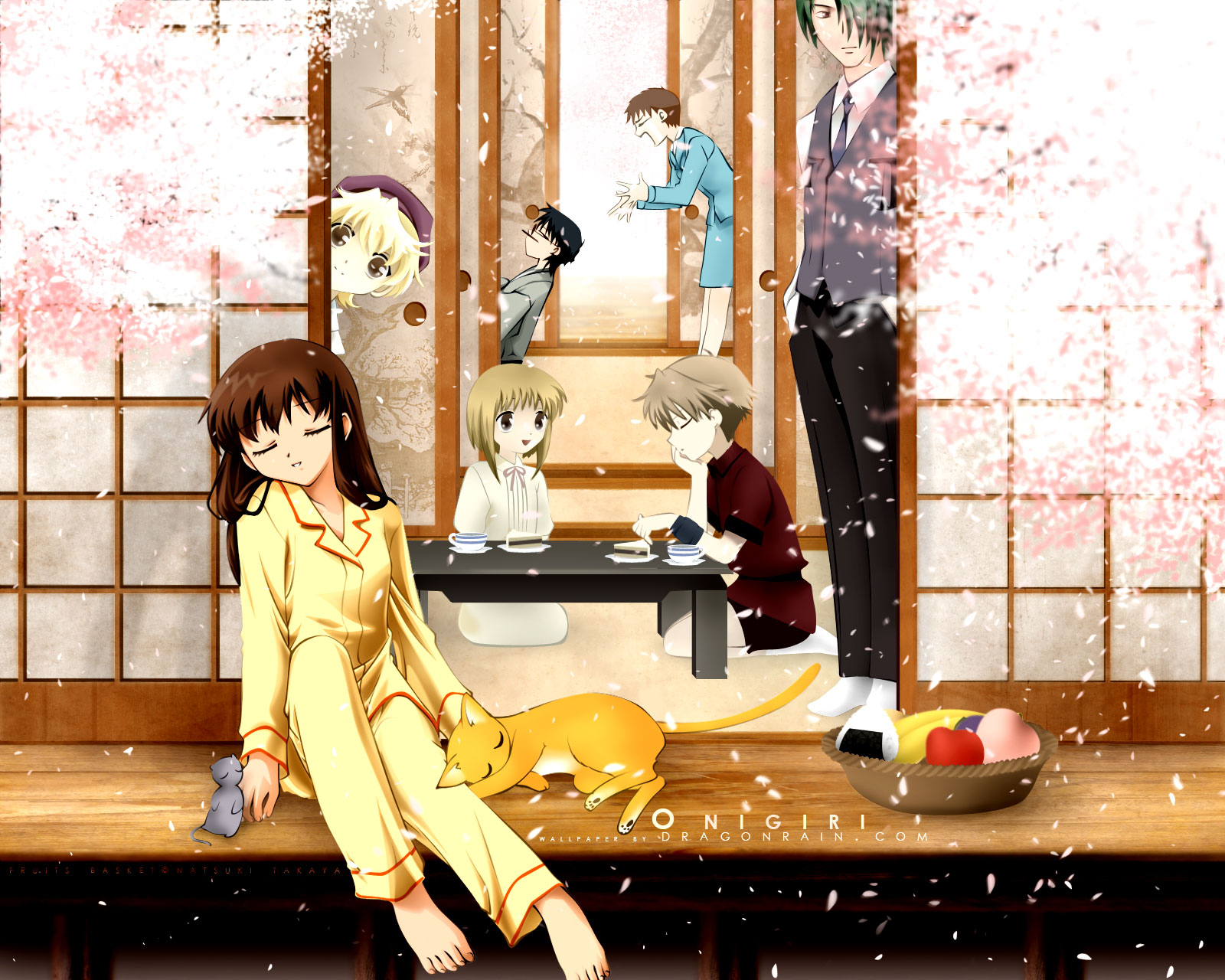 animal, cat, cherry_blossoms, flowers, fruits_basket, honda_tohru, male, pajamas, sleeping, sohma_hiro, sohma_kisa, sohma_kyo, sohma_momiji, sohma_shigure, sohma_yuki, spring, tagme