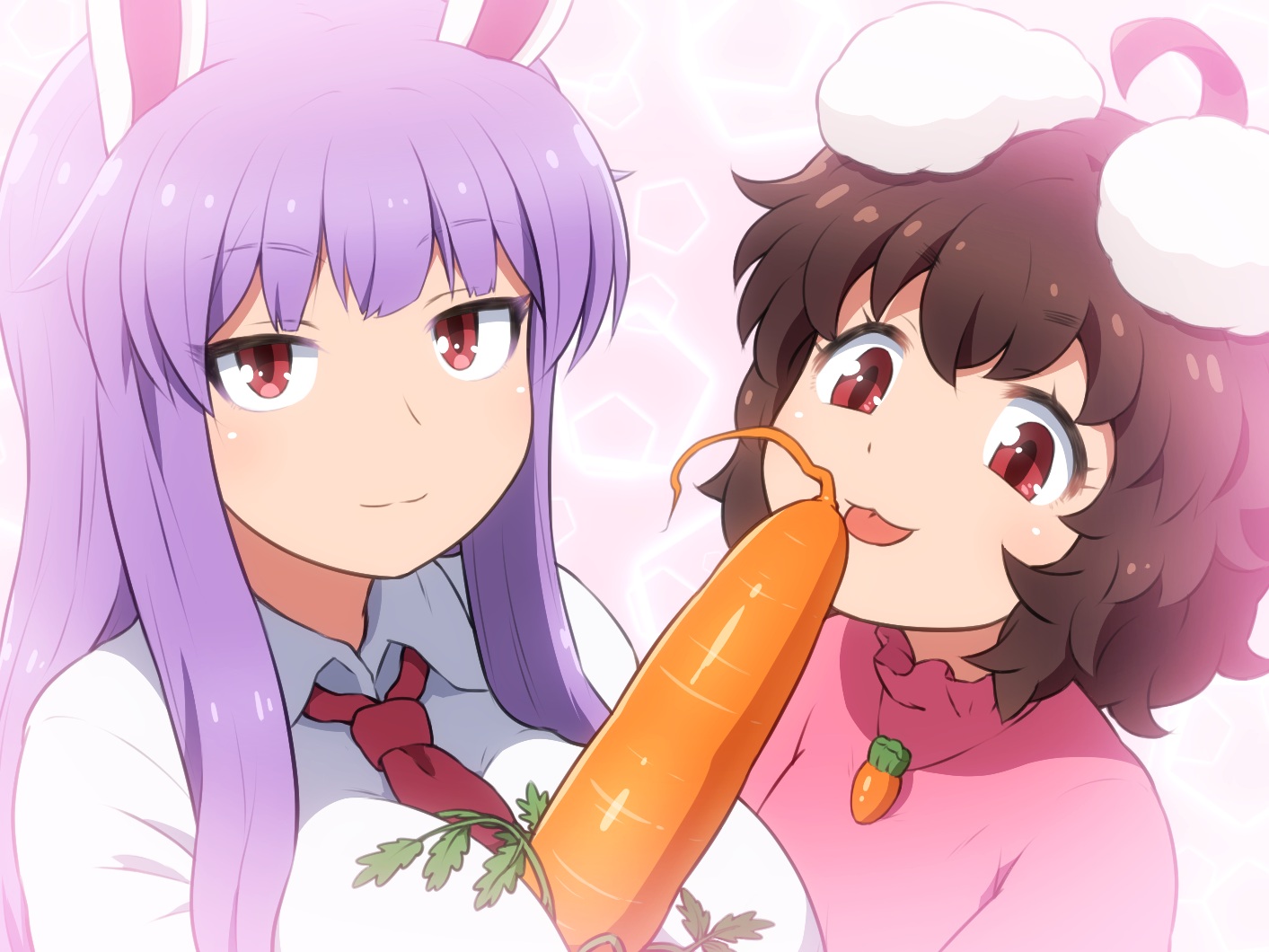 2girls, animal_ears, breasts, brown_hair, bunny_ears, bunnygirl, cat_smile, close