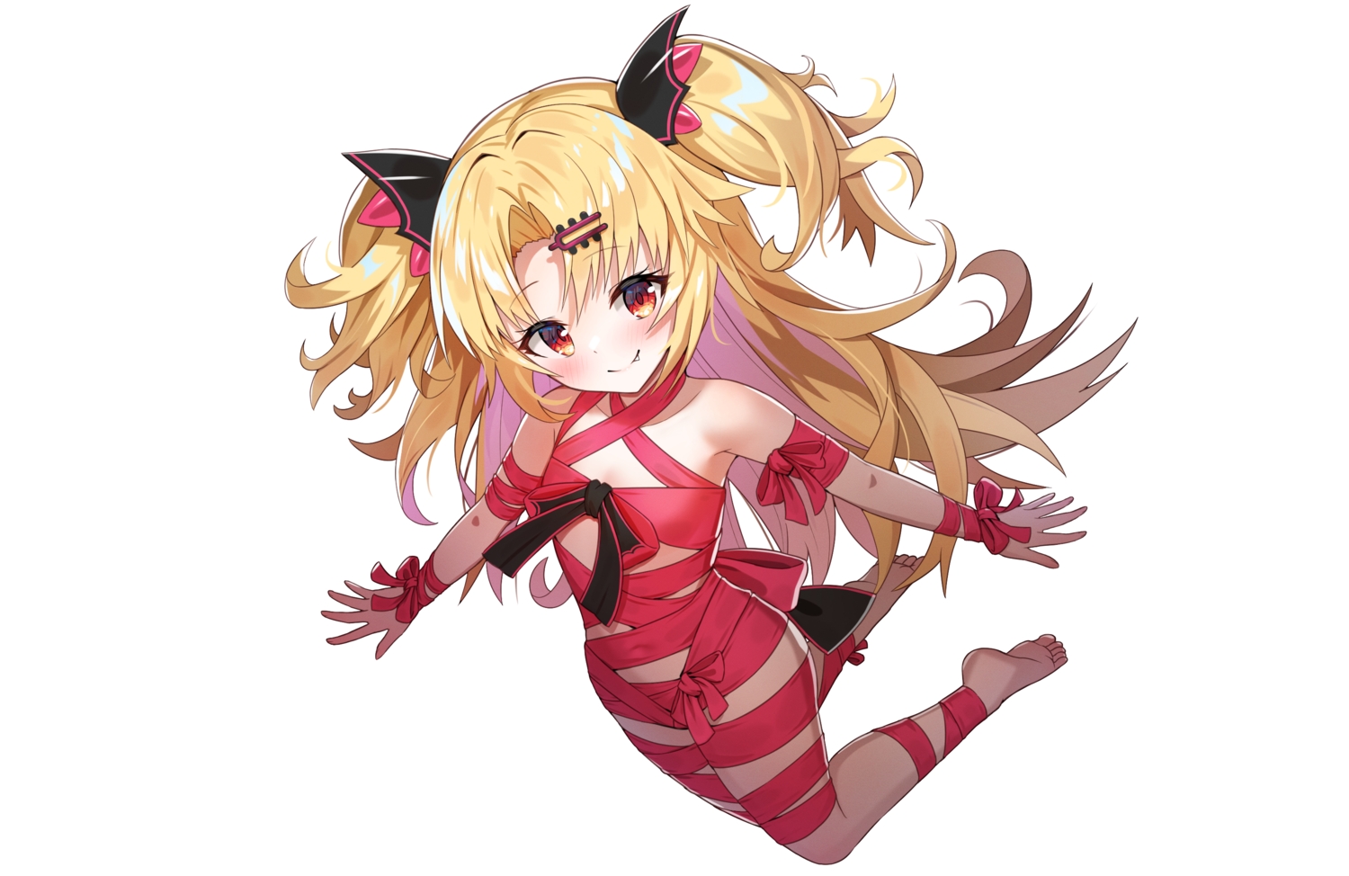 akatsuki_yuni, aliasing, barefoot, bettle_(b_s_a_n), blonde_hair, blush, bow, fang