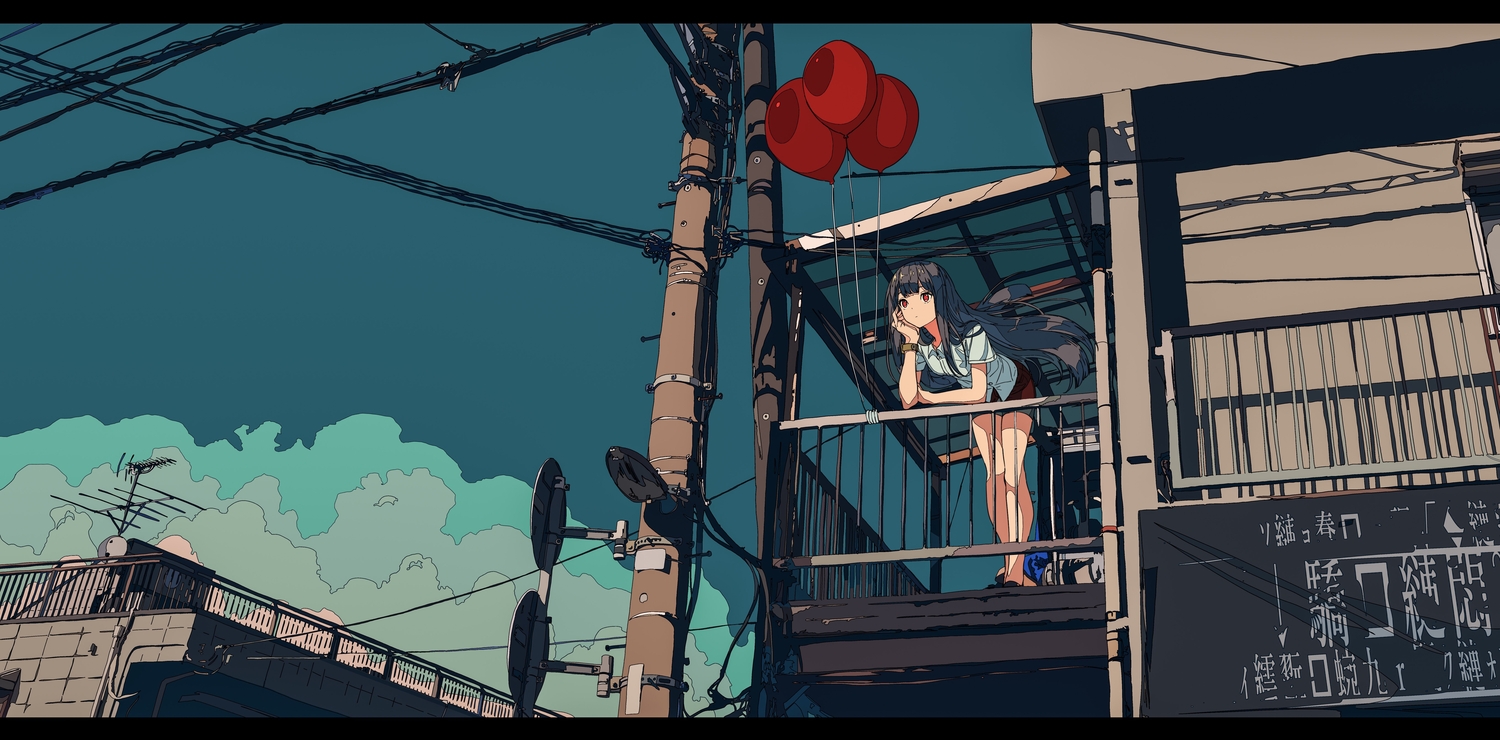 black_hair, building, clouds, kogecha_(coge_ch), long_hair, original, red_eyes, shorts