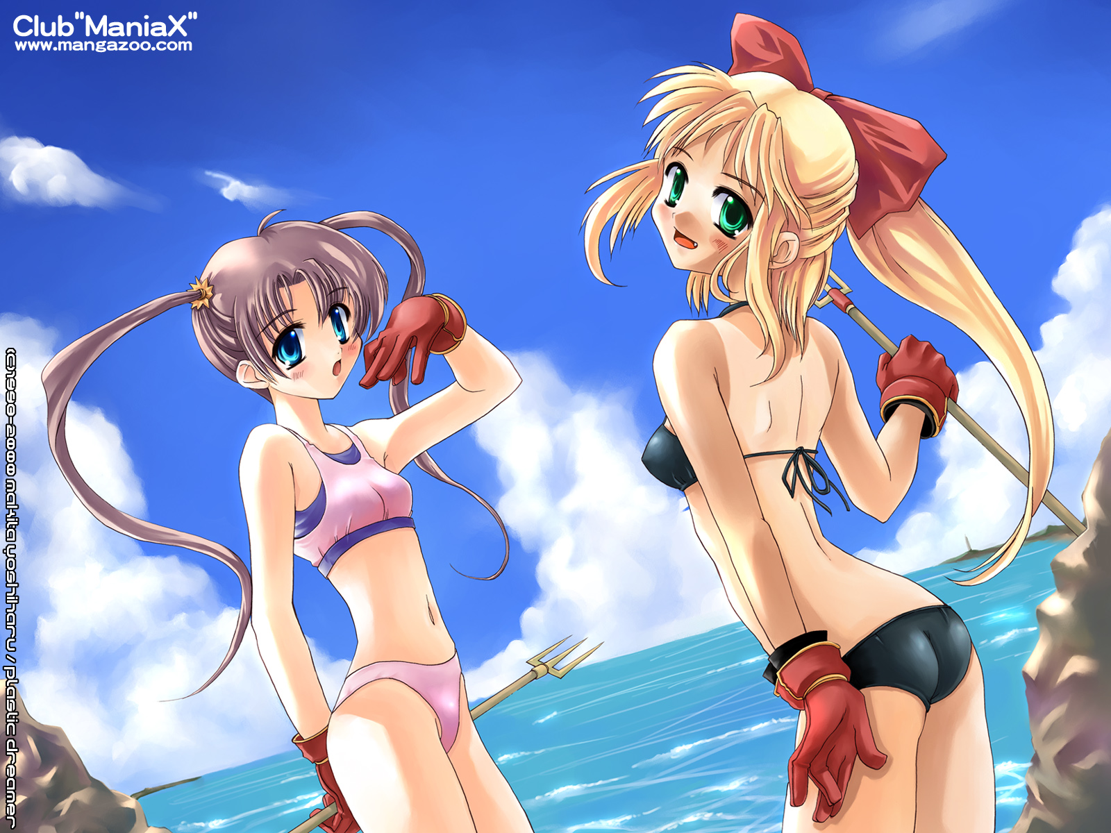 2girls, ass, bikini, blonde_hair, blue_eyes, blush, bow, brown_hair