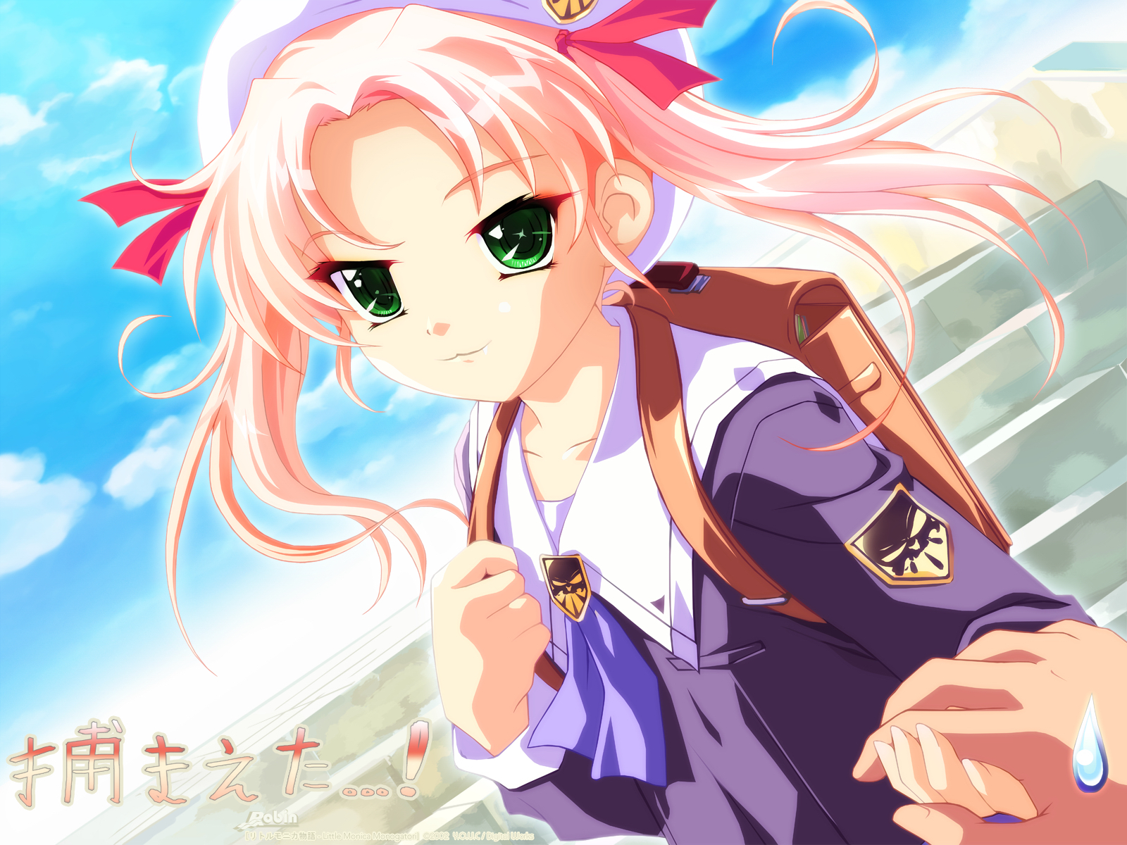 blonde_hair, cat_smile, green_eyes, hat, little_monica_monogatari, long_hair, may_(little_monica_monogatari), nonohara_miki, school_uniform, twintails