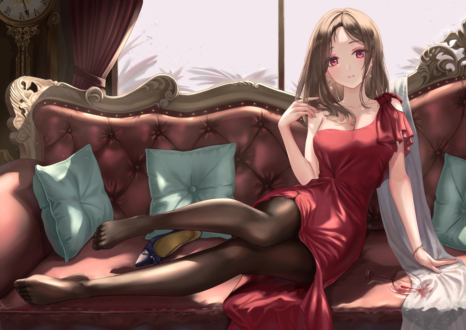 breasts, brown_hair, cleavage, dress, long_hair, original, pantyhose, red_eyes, tooku0