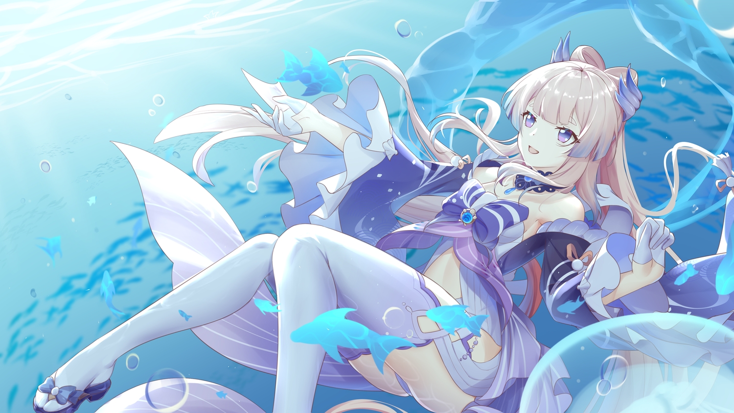 animal, cameltoe, fish, genshin_impact, gloves, kaede_uehara, long_hair, purple_eyes, sangonomiya_kokomi, thighhighs, underwater, water