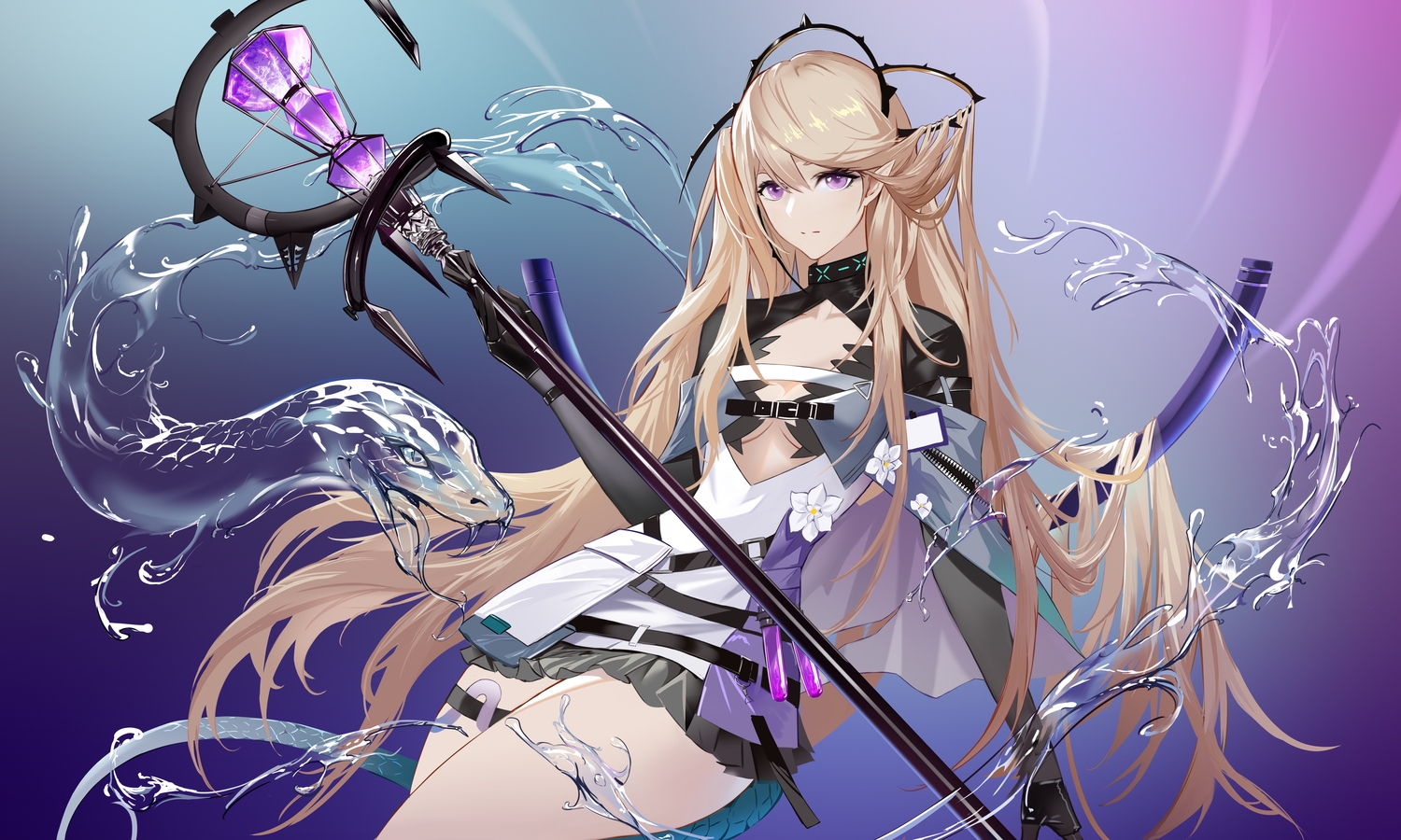 arknights, brown_hair, dress, gloves, gradient, indigo_(arknights), long_hair, purple_eyes, sherlock5230, staff, water