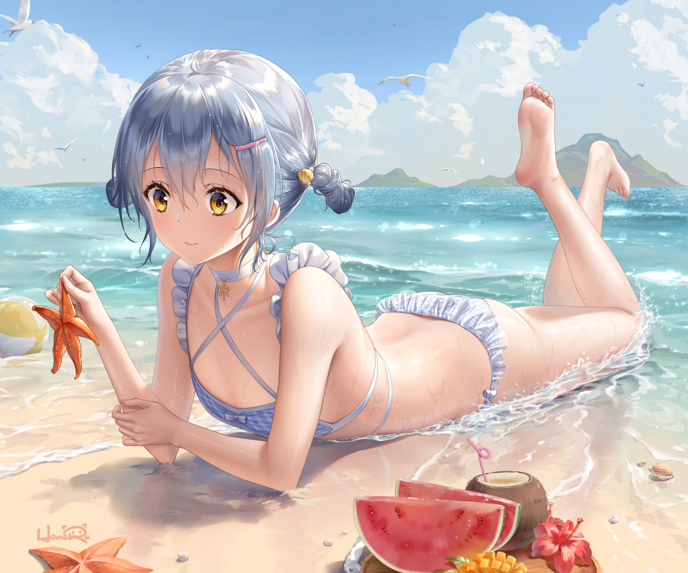 aliasing, beach, bikini, clouds, drink, flat_chest, food, fruit