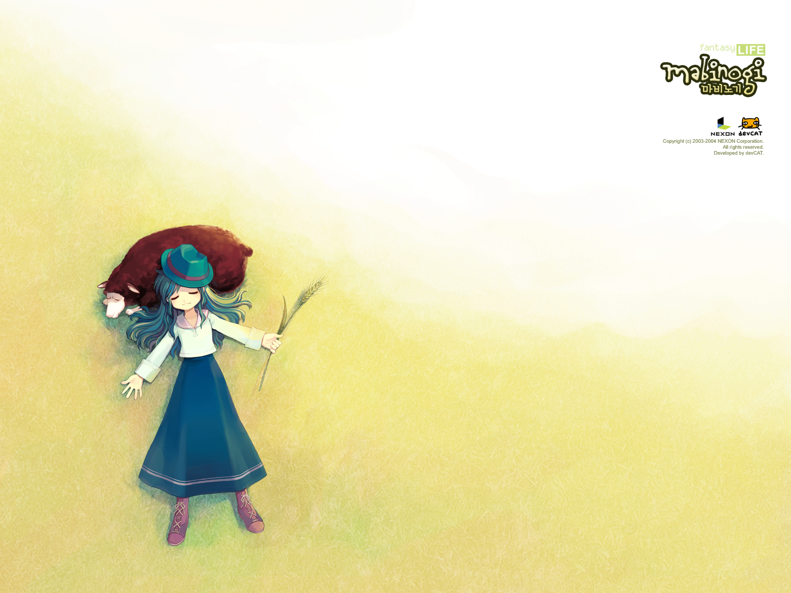 animal, grass, green_hair, hat, long_hair, lorna, mabinogi, sheep